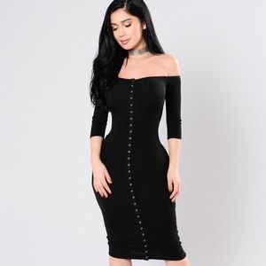 Black off the shoulder button up dress
